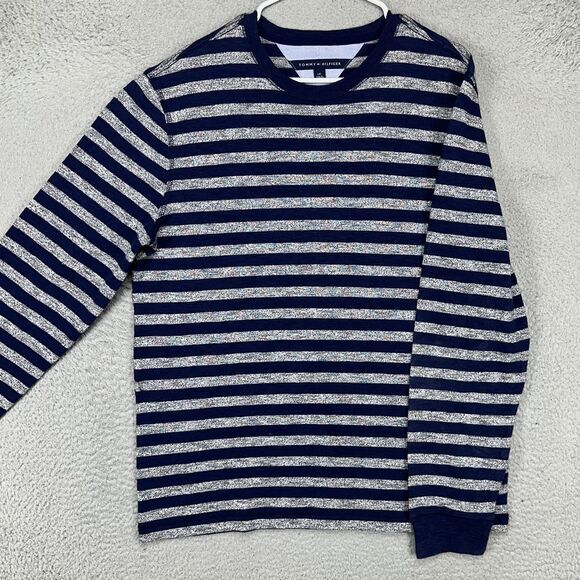 Tommy‎ Hilfiger Crew Neck Sweatshirt Mens Large Blue Grey Striped Lightweight - Picture 1 of 9